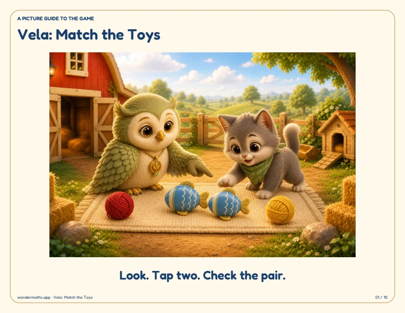 First page of the illustrated game instructions for Vela: Match the Toys