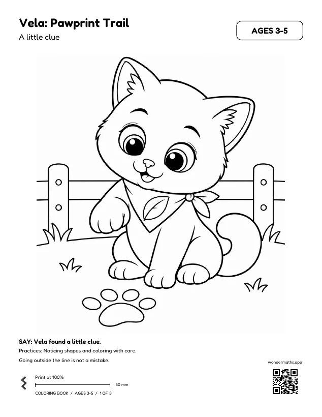 First page of coloring pages for Vela: Pawprint Trail