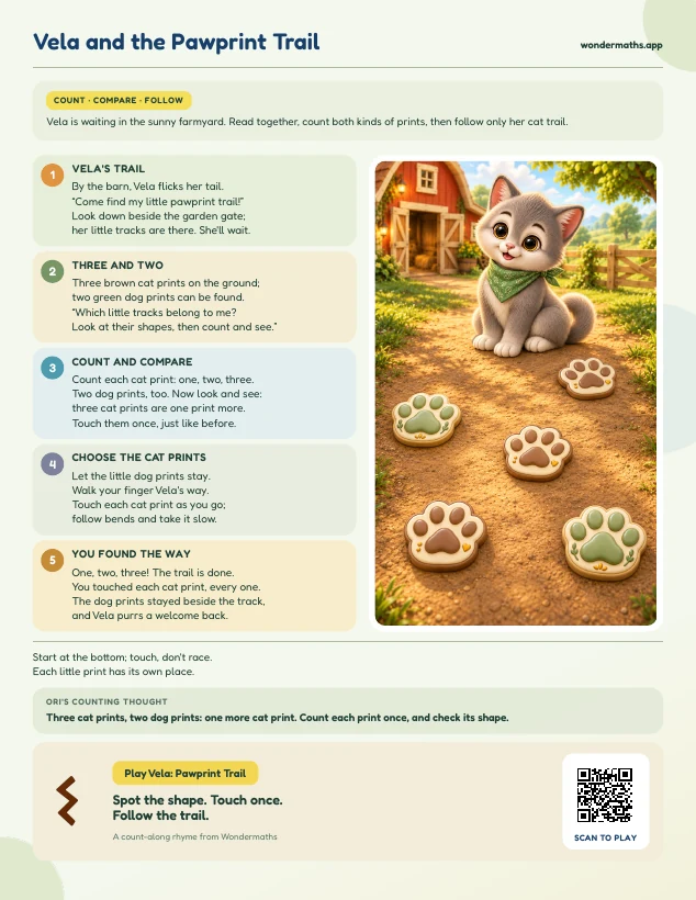 First page of a rhyme to try together for Vela: Pawprint Trail