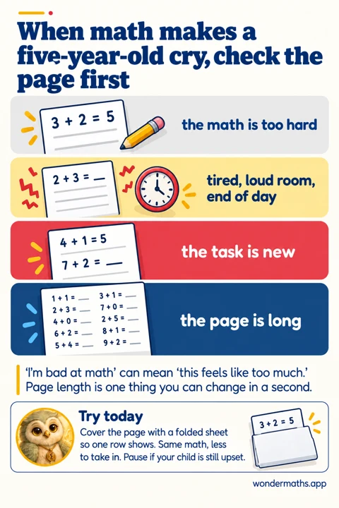 Four illustrated rows show a math page, noise and a clock, a new task, and a crowded sheet; folded paper reveals one row.