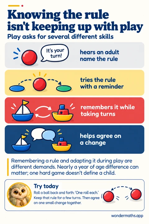 A ball, turn-taking arrows, toy boats and speech bubbles illustrate hearing, practicing, remembering and changing a play rule.