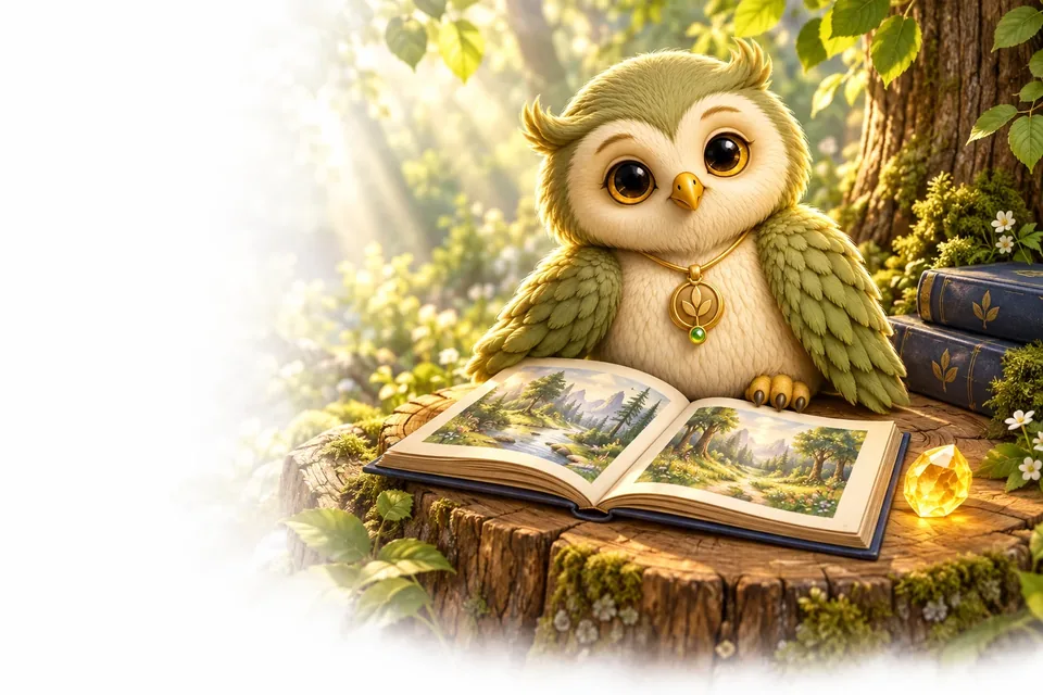 Ori the owl reading a picture book beside a lantern in the forest.