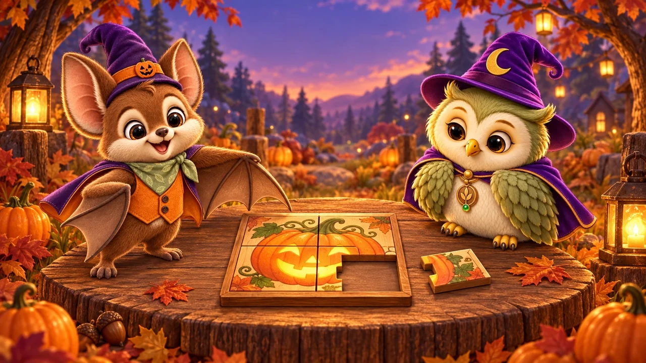 Buki the bat and Ori the owl in a Halloween picture with lanterns, pumpkins and autumn leaves.