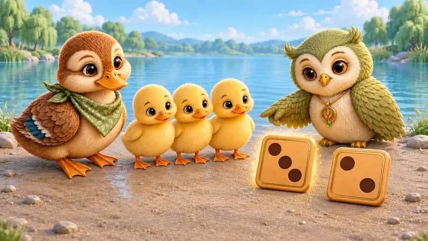 Dako counts three ducklings beside Ori at the water