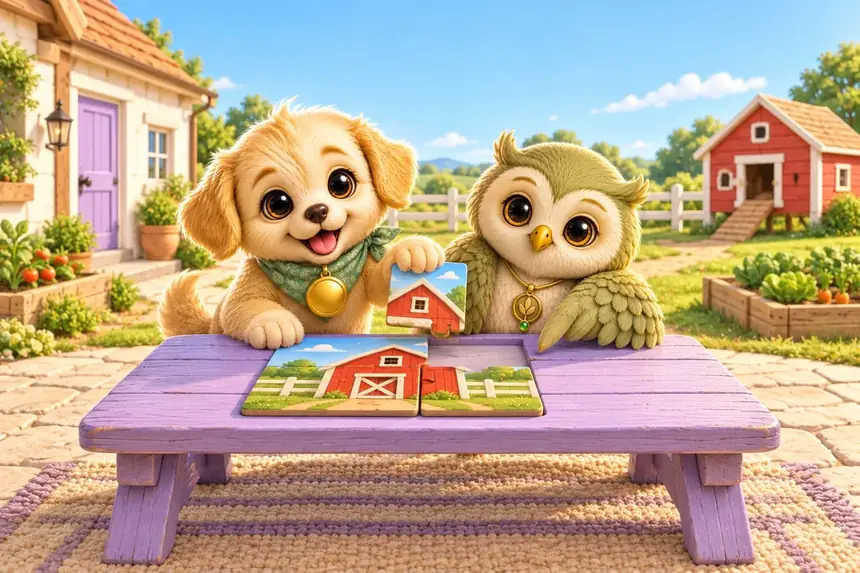 Bly and Ori make a puzzle at their purple farmyard table.