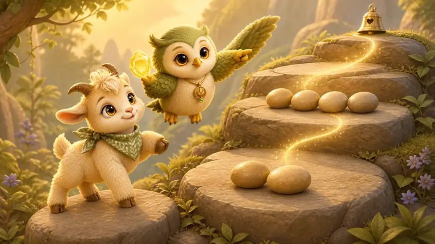 Ori and Juno compare rows of stones on the rocky steps