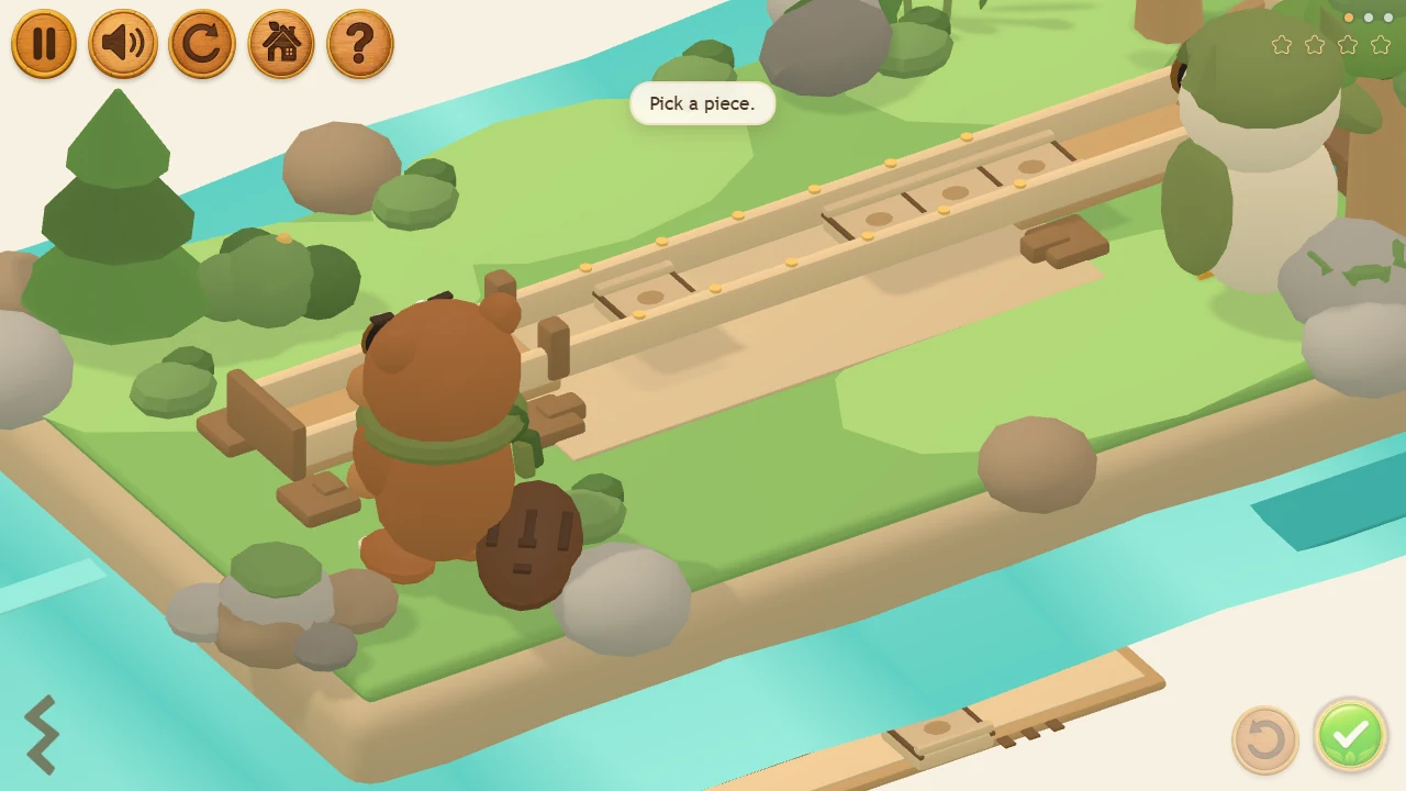 Kova the beaver fits a wooden piece into the water channel in Little Waterworks