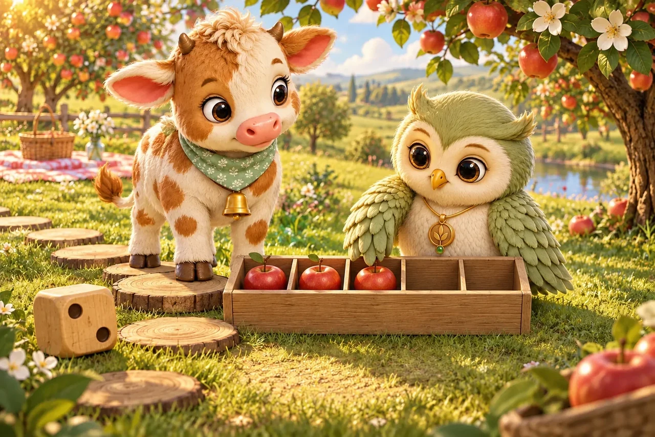 Muva the calf and Ori the owl pack red apples into a wooden tray under the orchard trees.