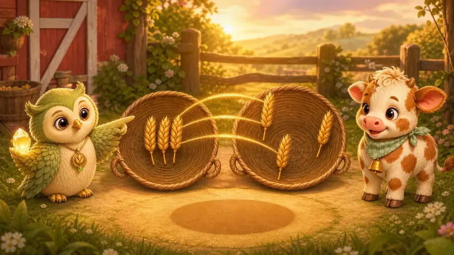 Ori points at two baskets of wheat while Muva watches