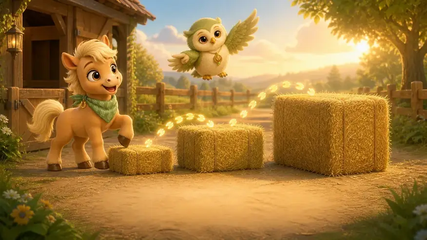 Tilo the foal stepping between hay bales while Ori the owl flies above a farmyard barn.