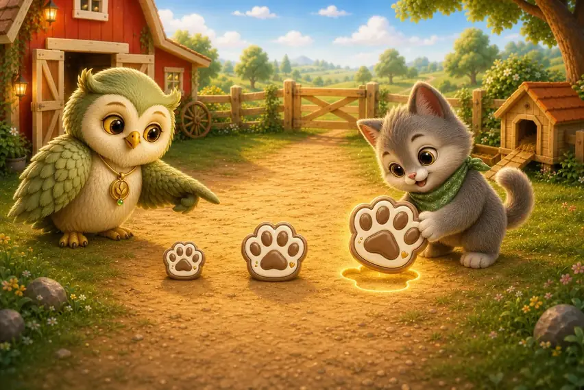 Ori points at growing pawprints while Vela holds the next one