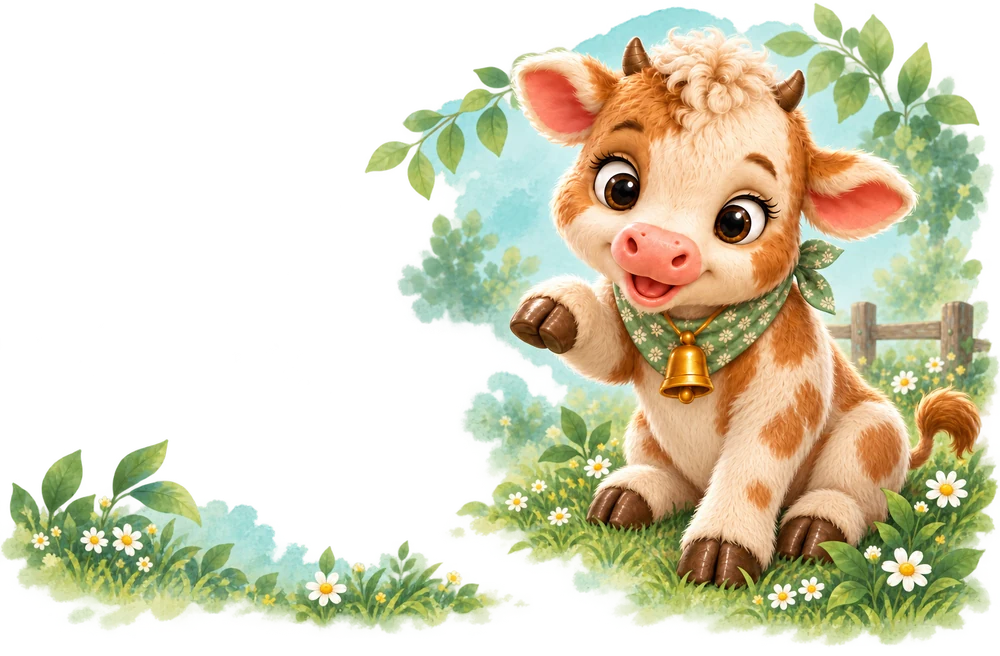 Muva the little calf, smiling beside a wooden fence