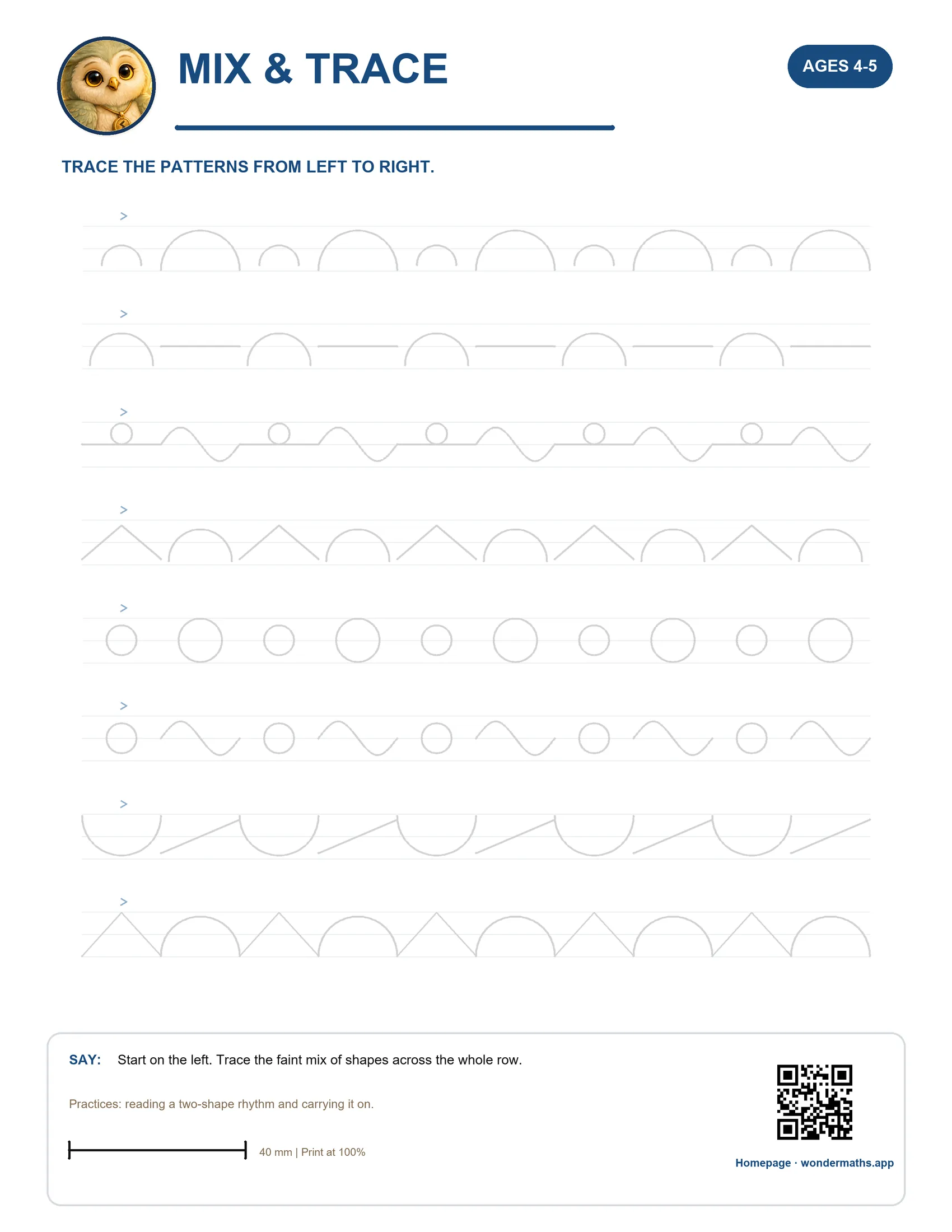 Mix & Trace tracing card for the Gentle Tracing Little Trails pages, ages 4–5