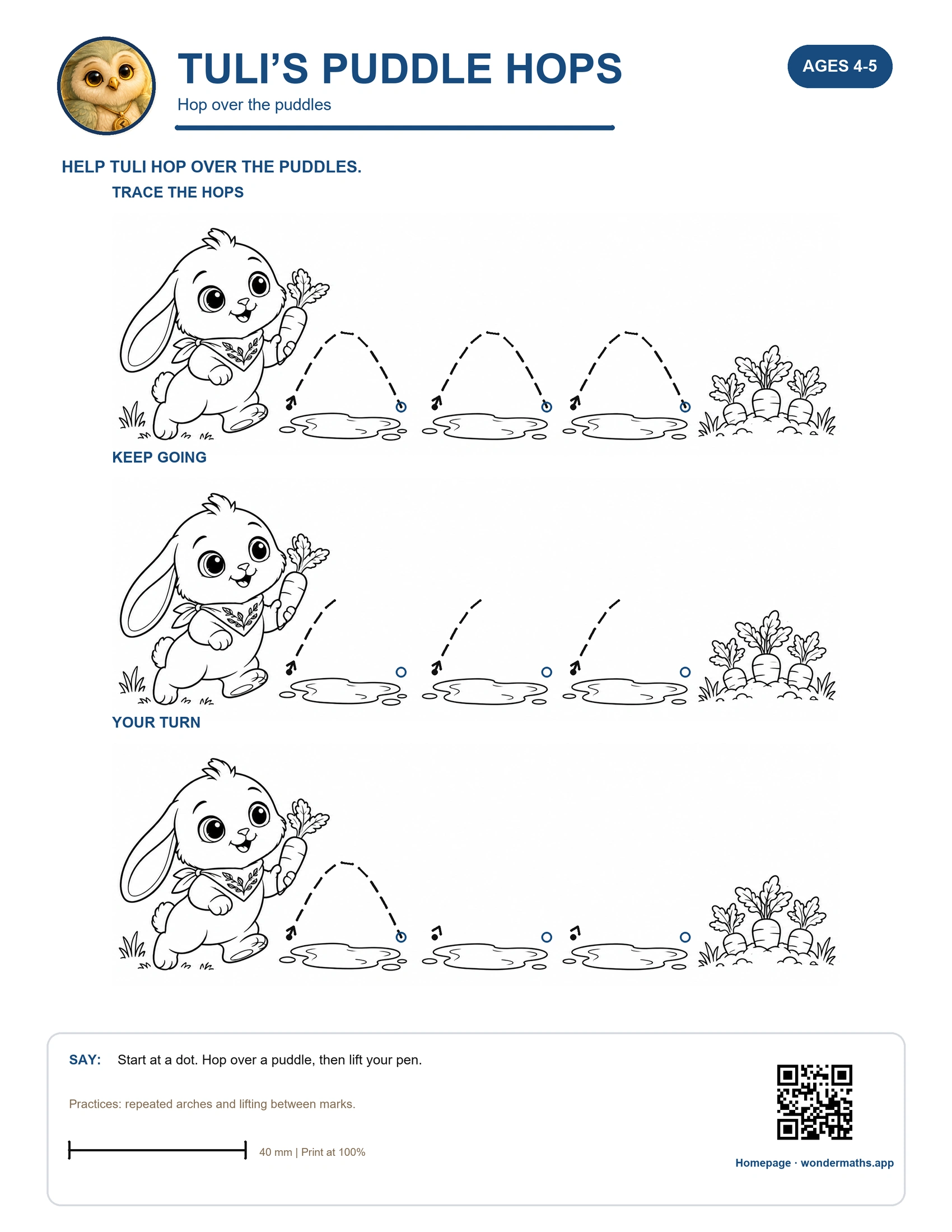 Tuli’s Puddle Hops tracing card for the Illustrated Little Trails pages, ages 4–5