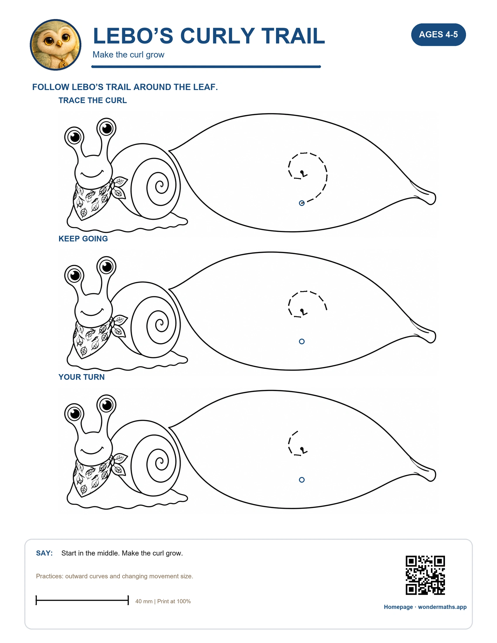 Lebo’s Curly Trail tracing card for the Illustrated Little Trails pages, ages 4–5