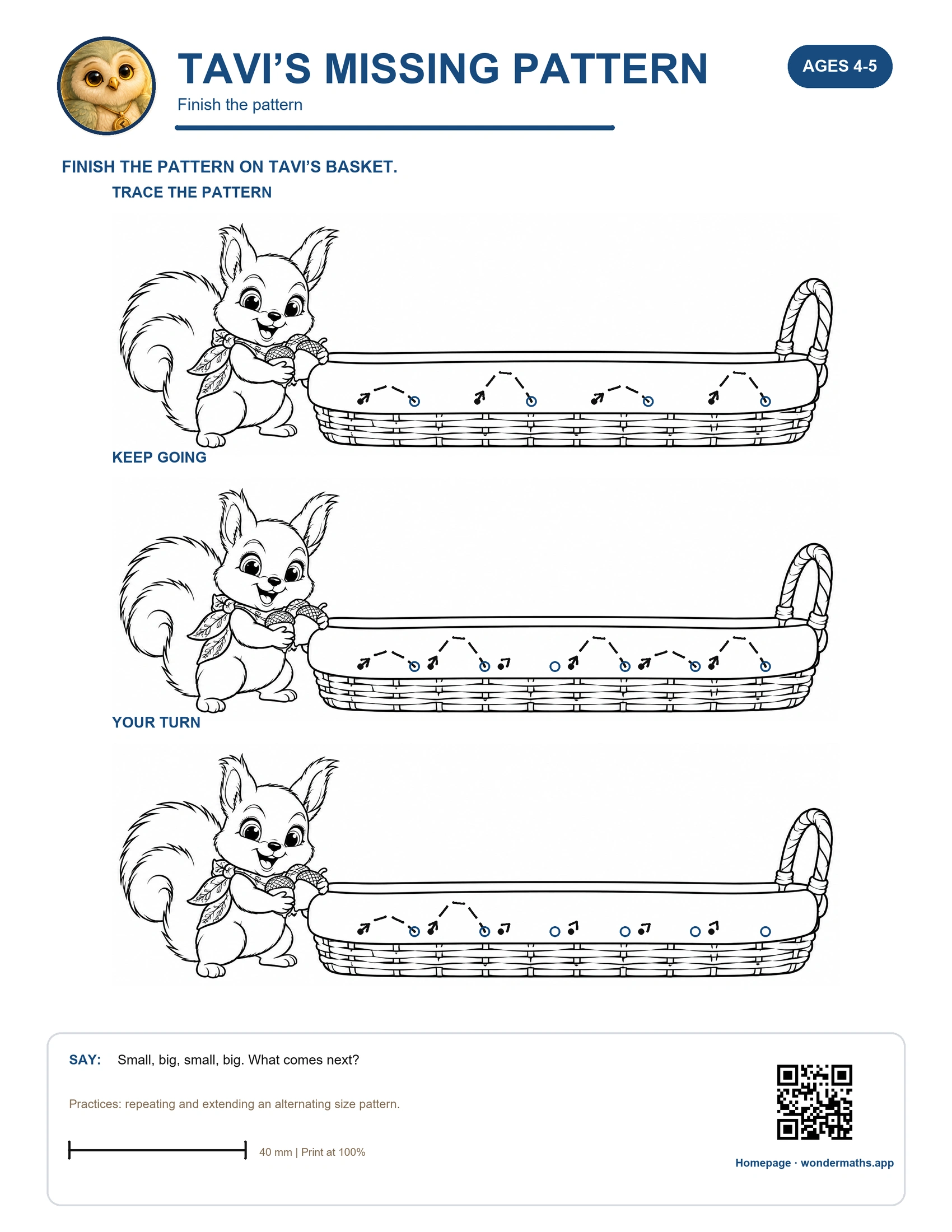 Tavi’s Missing Pattern tracing card for the Illustrated Little Trails pages, ages 4–5