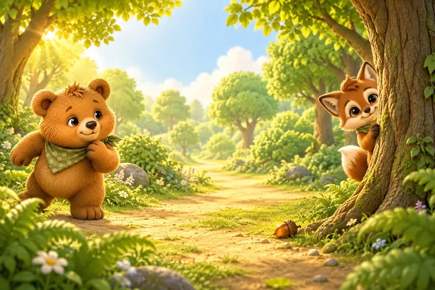 Bodi finds Rilo peeking from behind a tree in a sunny forest.