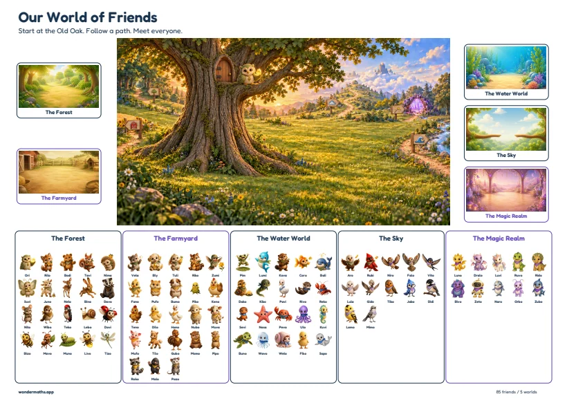 The Our World of Friends map sheet, with the Old Oak at the center and the five worlds around it.