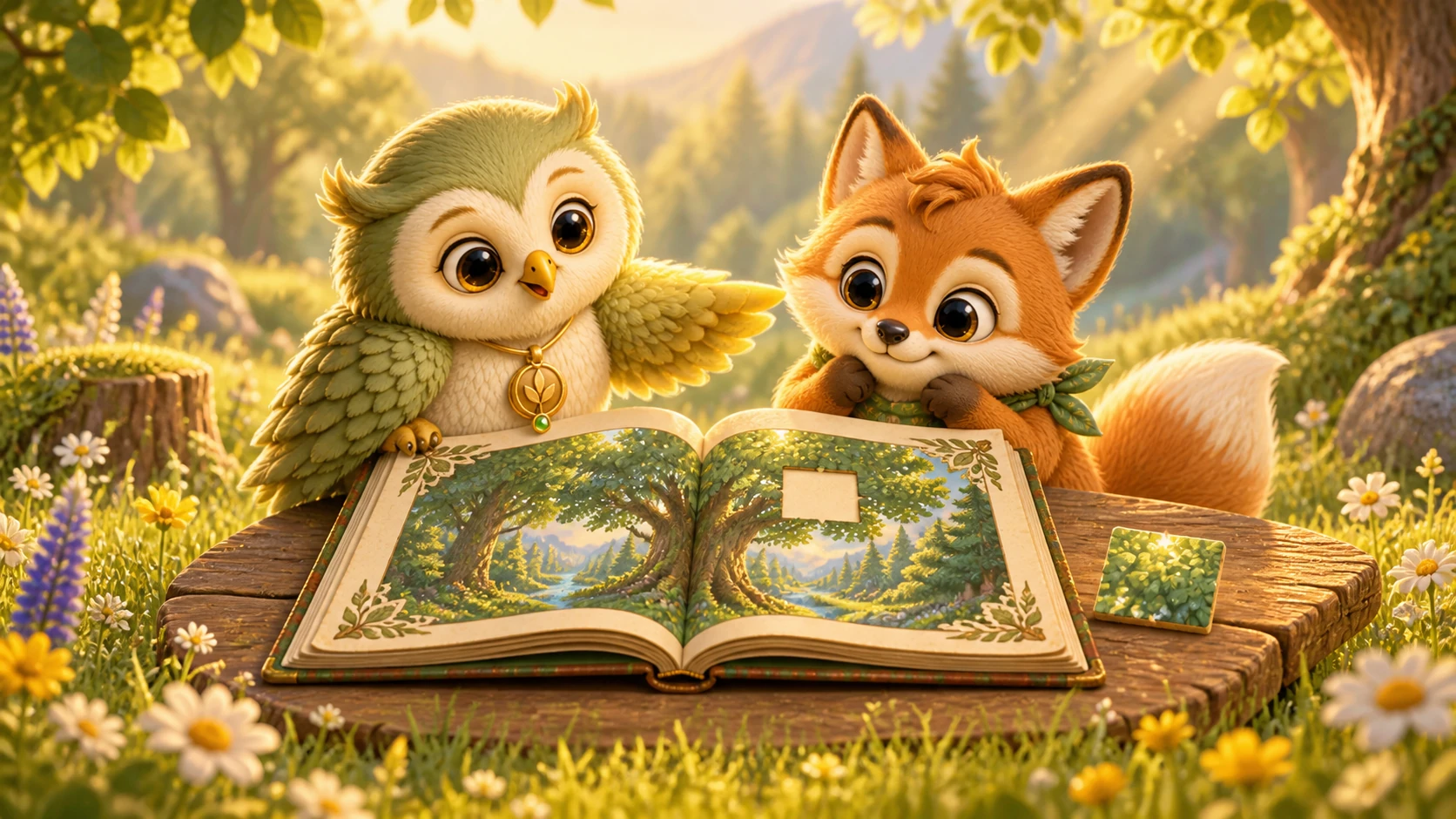 Ori and a forest friend explore a picture puzzle in an open book. Illustration from the welcome game.
