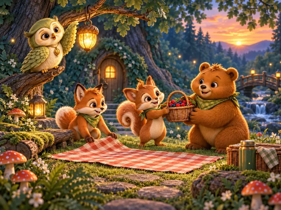 Ori lights a lantern while Bodi and his forest friends share a picnic beside a woodland home.