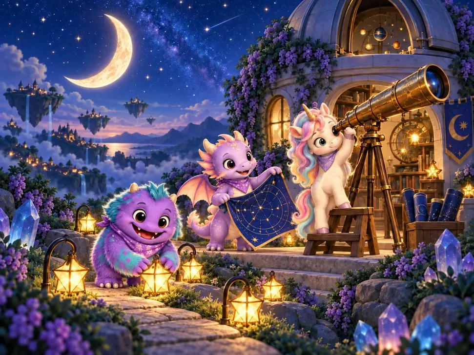 Luvi the unicorn looks through a telescope with magical friends, a star chart and a moonlit observatory.