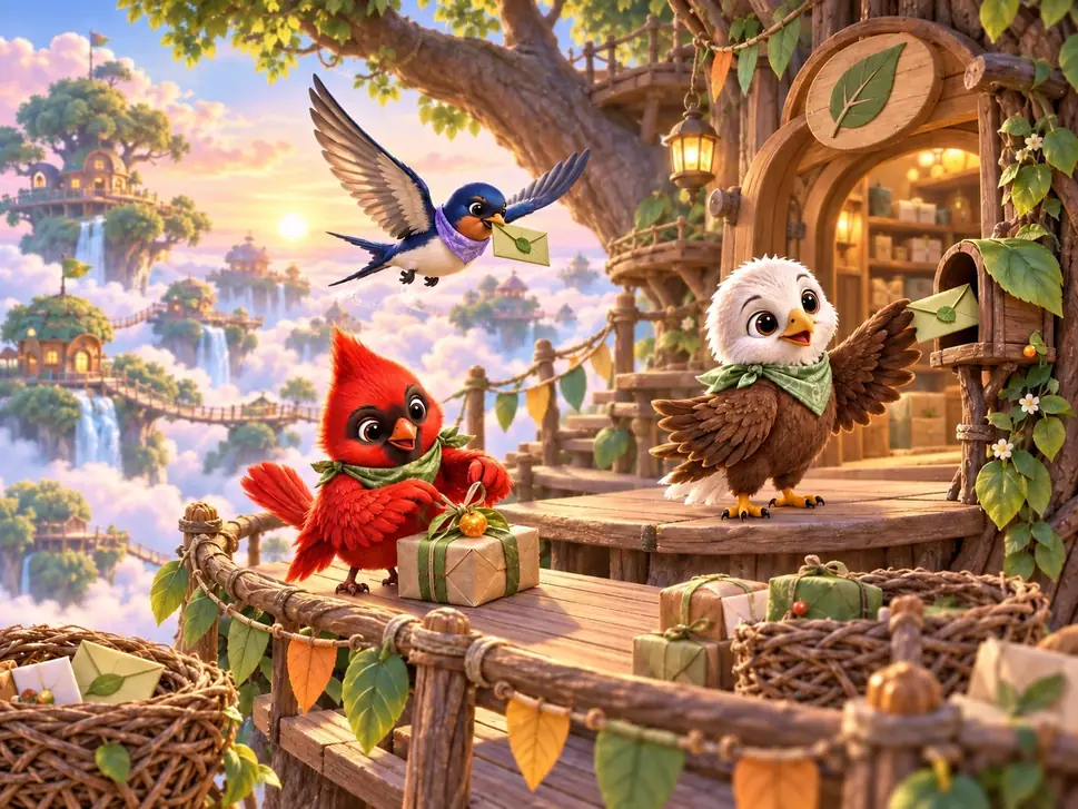 Bird friends deliver letters and a parcel to a treetop home above the clouds.