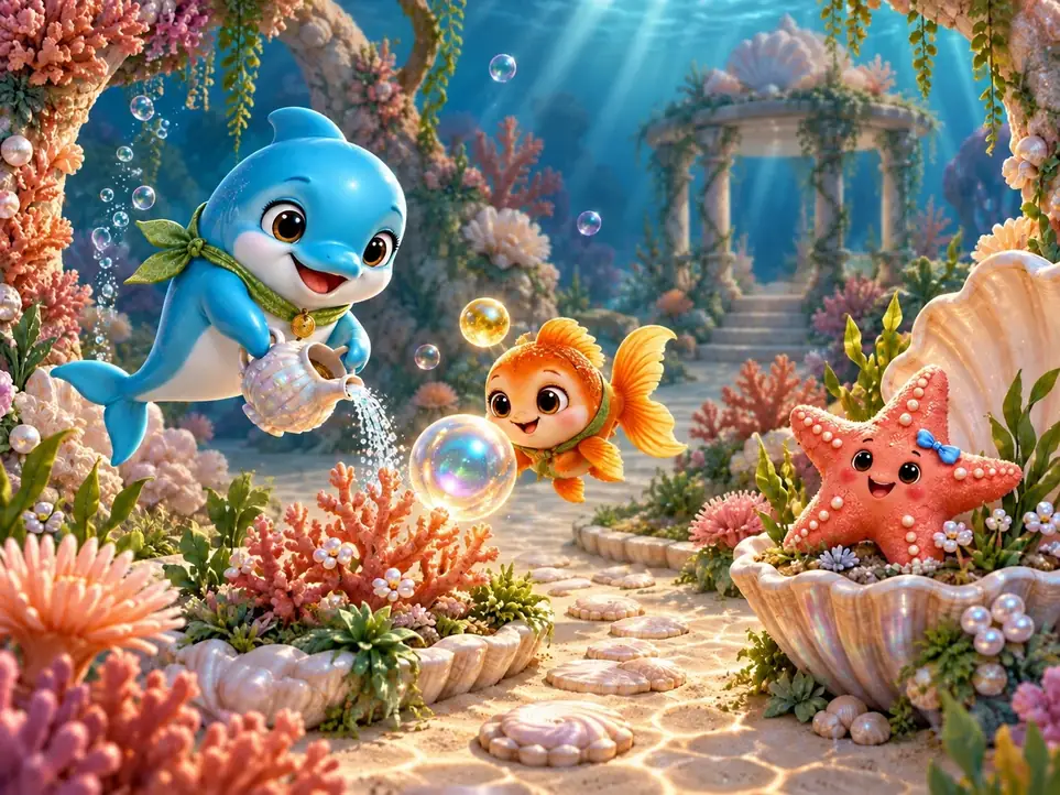 Lumi the dolphin and two underwater friends make bubbles among coral, shells and sunlit water.