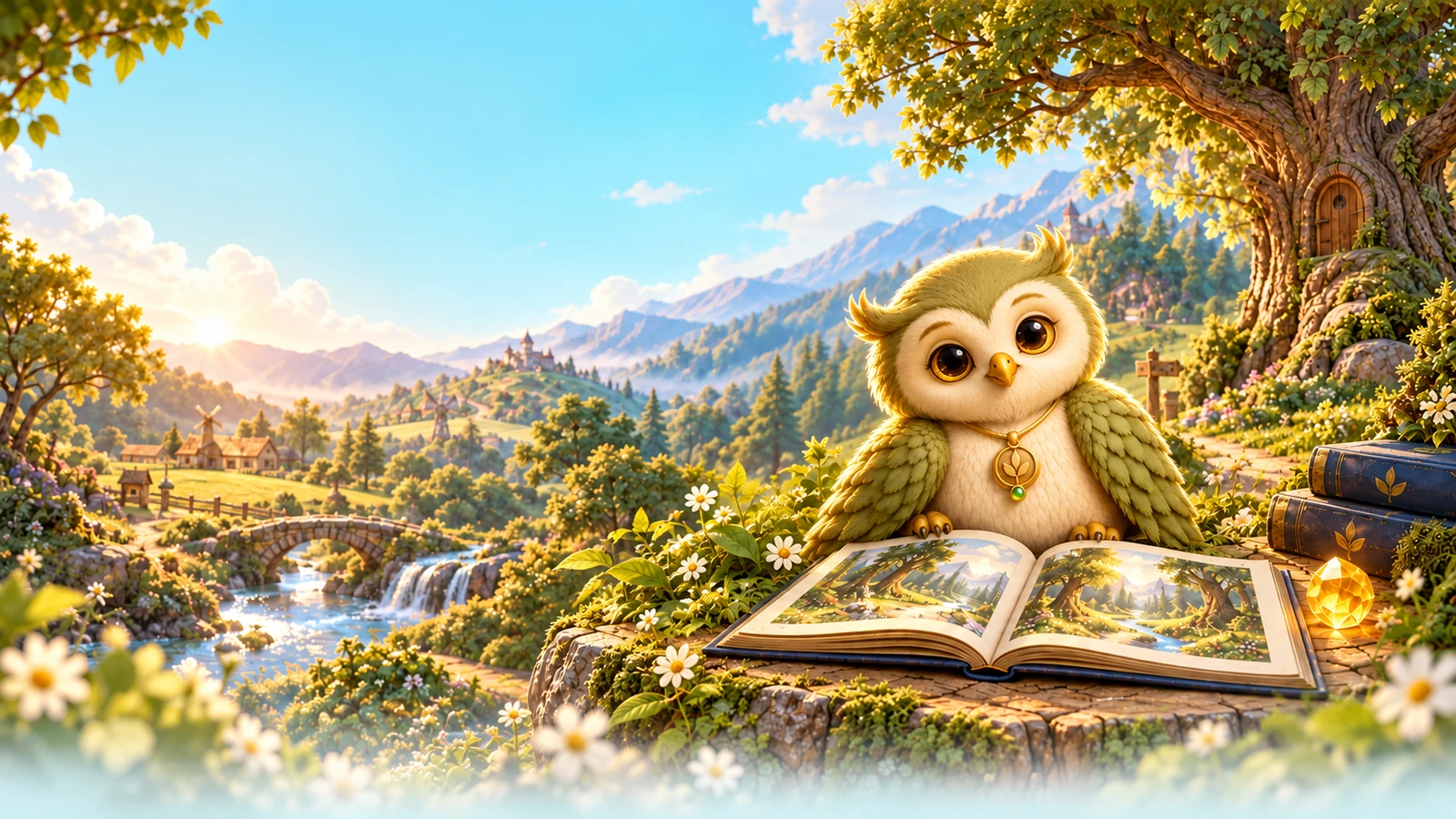 Ori the owl reads an open picture book on a mossy ledge above a sunlit valley with a river, a stone bridge and windmills.