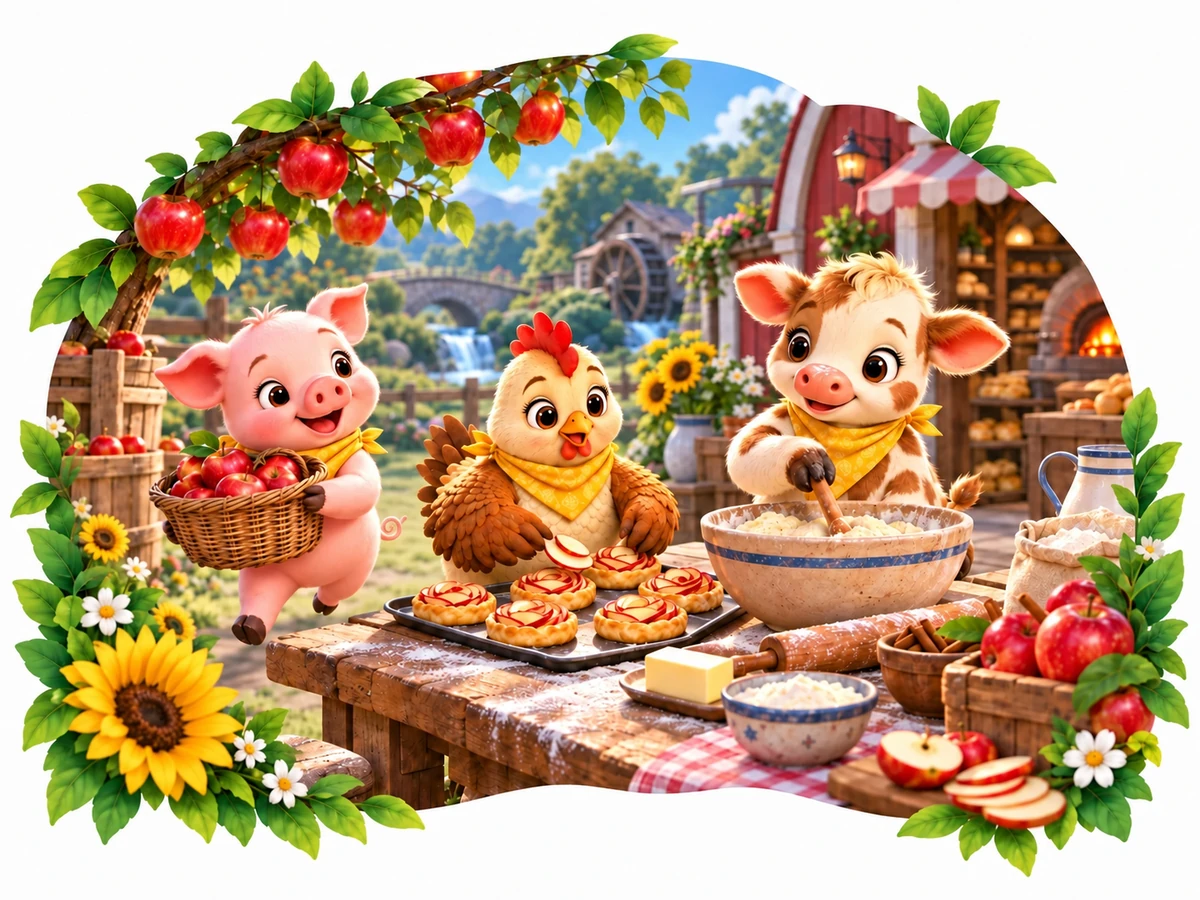 Farmyard scene: a piglet, a chick and a calf baking together at a wooden table with sunflowers.