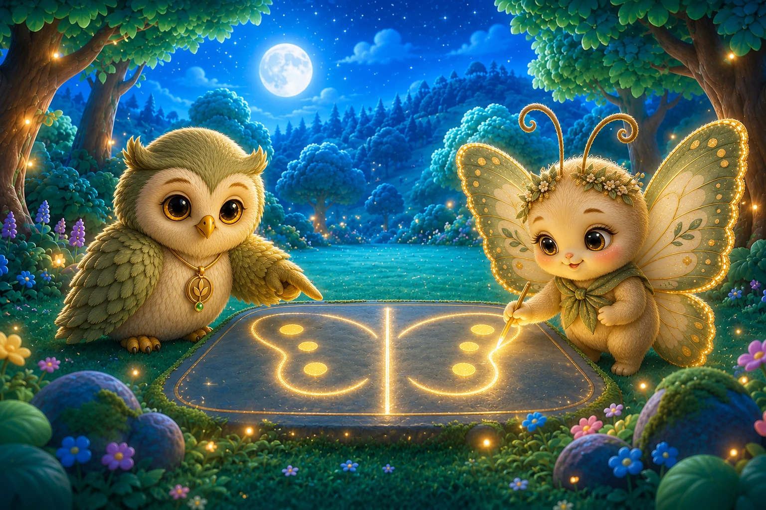 Ori and Suvi complete matching butterfly wings across a mirror line