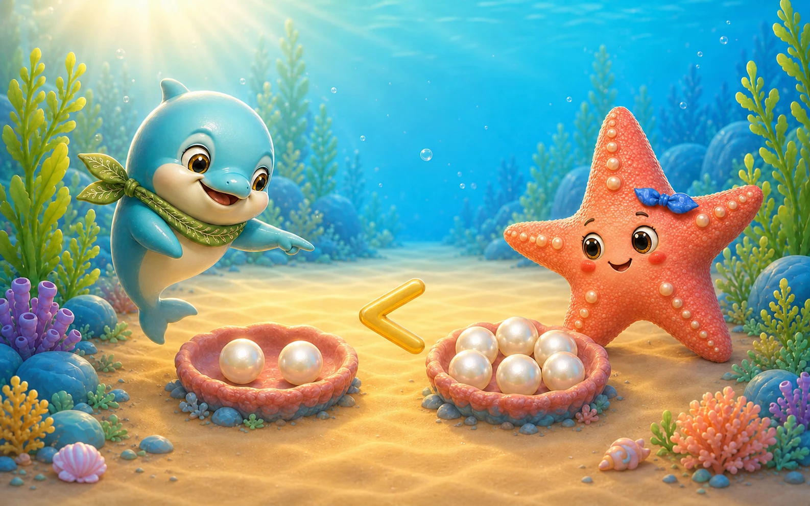 Lumi and Nesa solve a greater-than puzzle with two pearls and five pearls