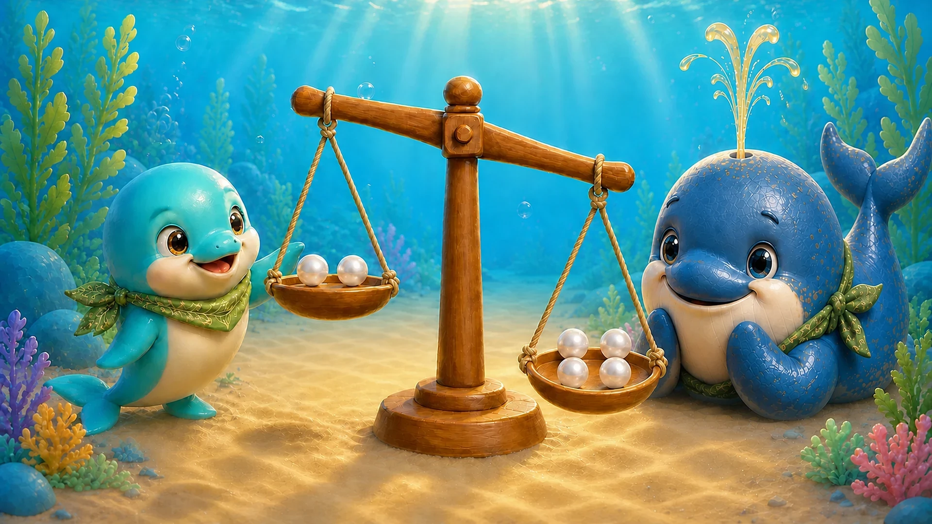 Underwater, Lumi and Bali compare two pearls with four pearls on a balance scale.