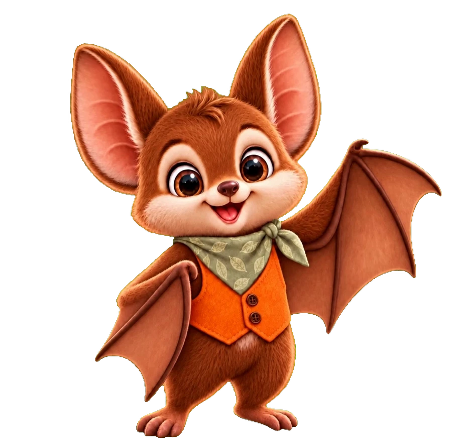 Buki the bat, bare-headed, waiting to try on a hat.
