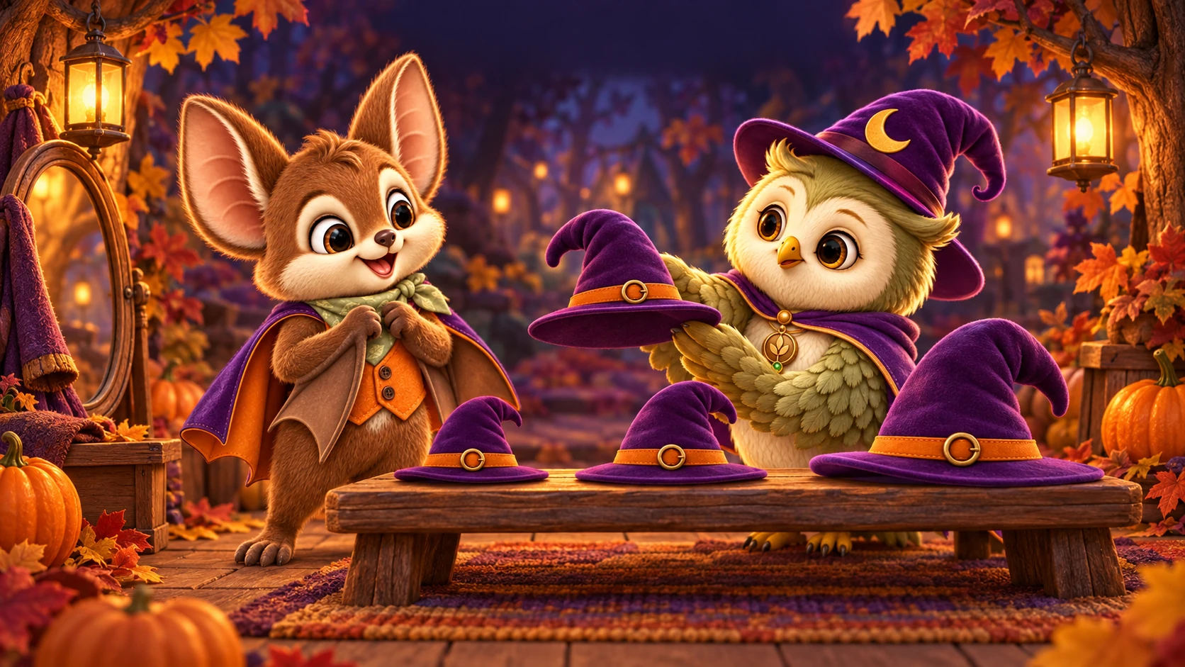 Buki the bat and Ori the owl stand beside a wooden bench covered with warm autumn hats.