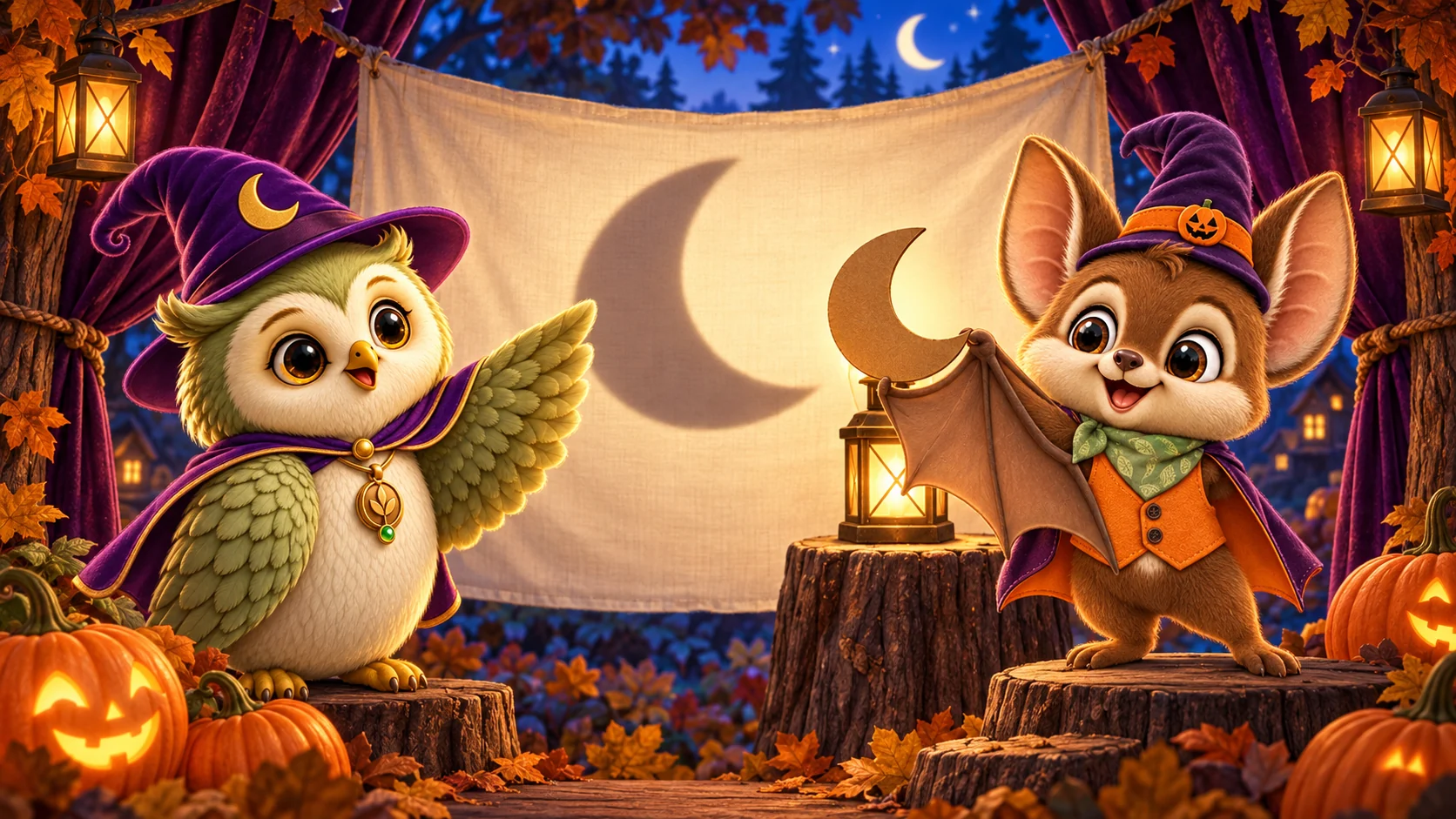 Buki the bat holds a lantern beside a warm shadow theater where Ori the owl waits.