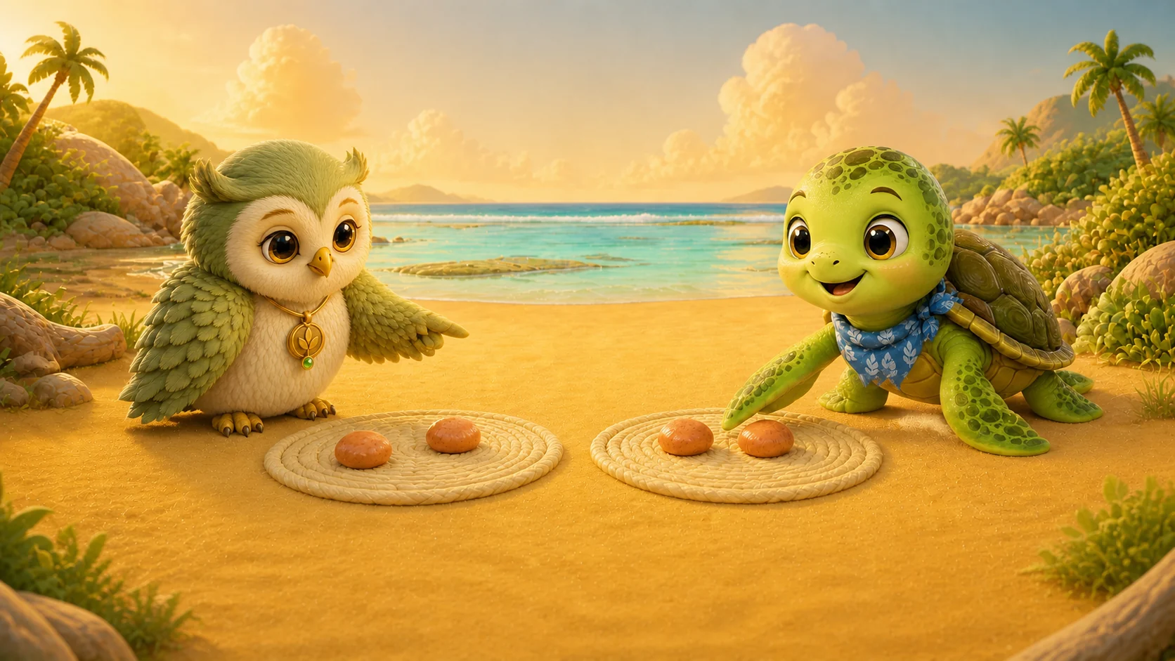 Ori and Buno share four pebbles equally, two on each mat.