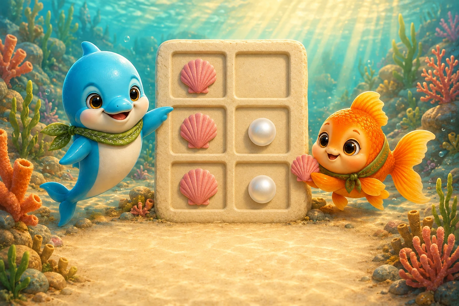Lumi and Coro arrange three shells and two pearls in aligned picture columns.