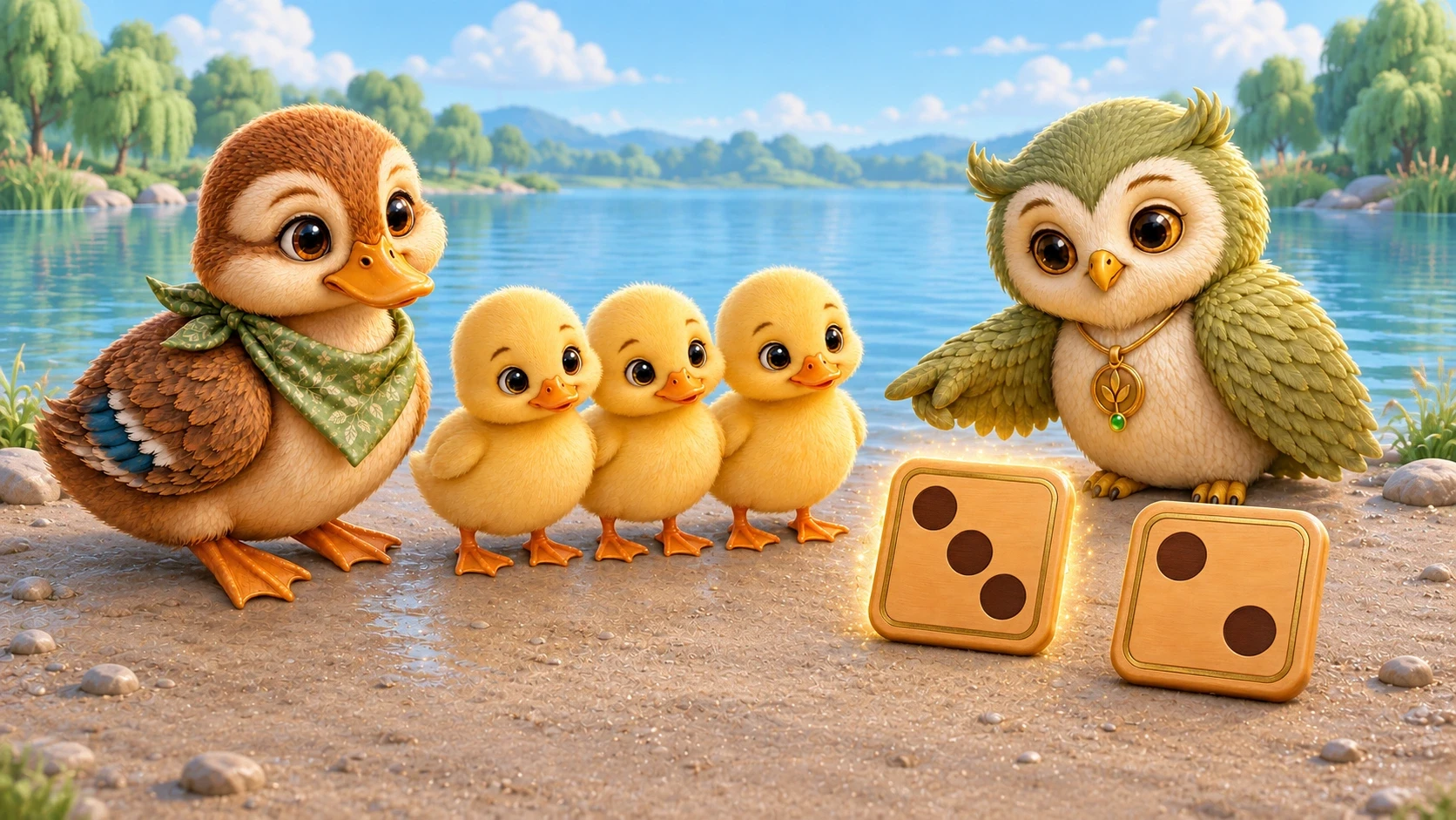 By the lake, Dako and three ducklings match their group to a wooden tile with three dots while Ori points