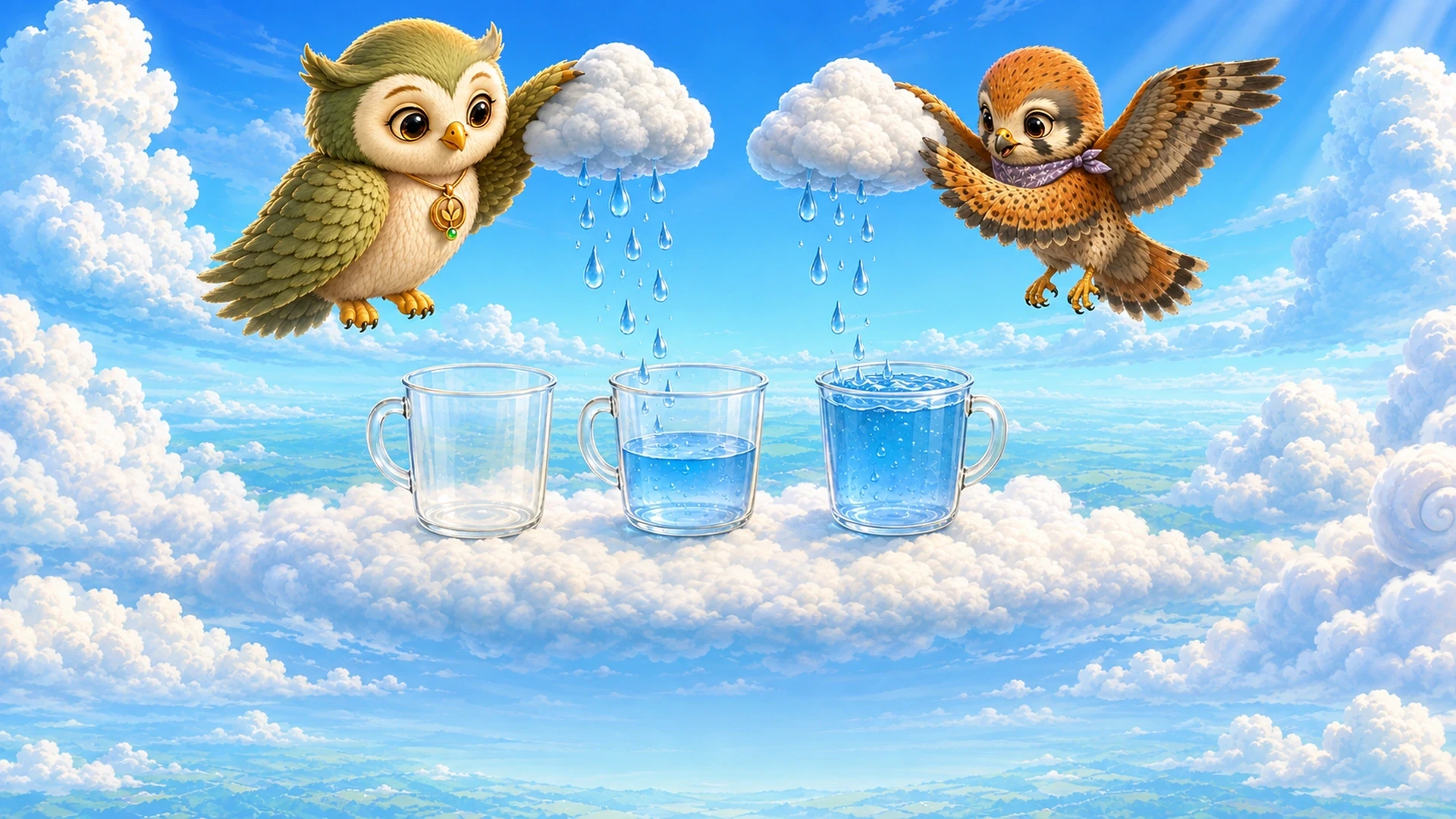 Ori and Falo pour rain together from two clouds into empty, half-full, and full cups.