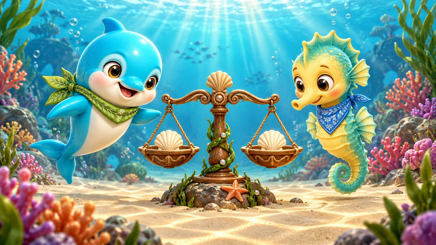 Lumi and Kuvi discover two matching shells balanced on a wooden scale in their underwater garden