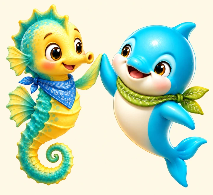 Kuvi and Lumi touch fins in a happy high-five