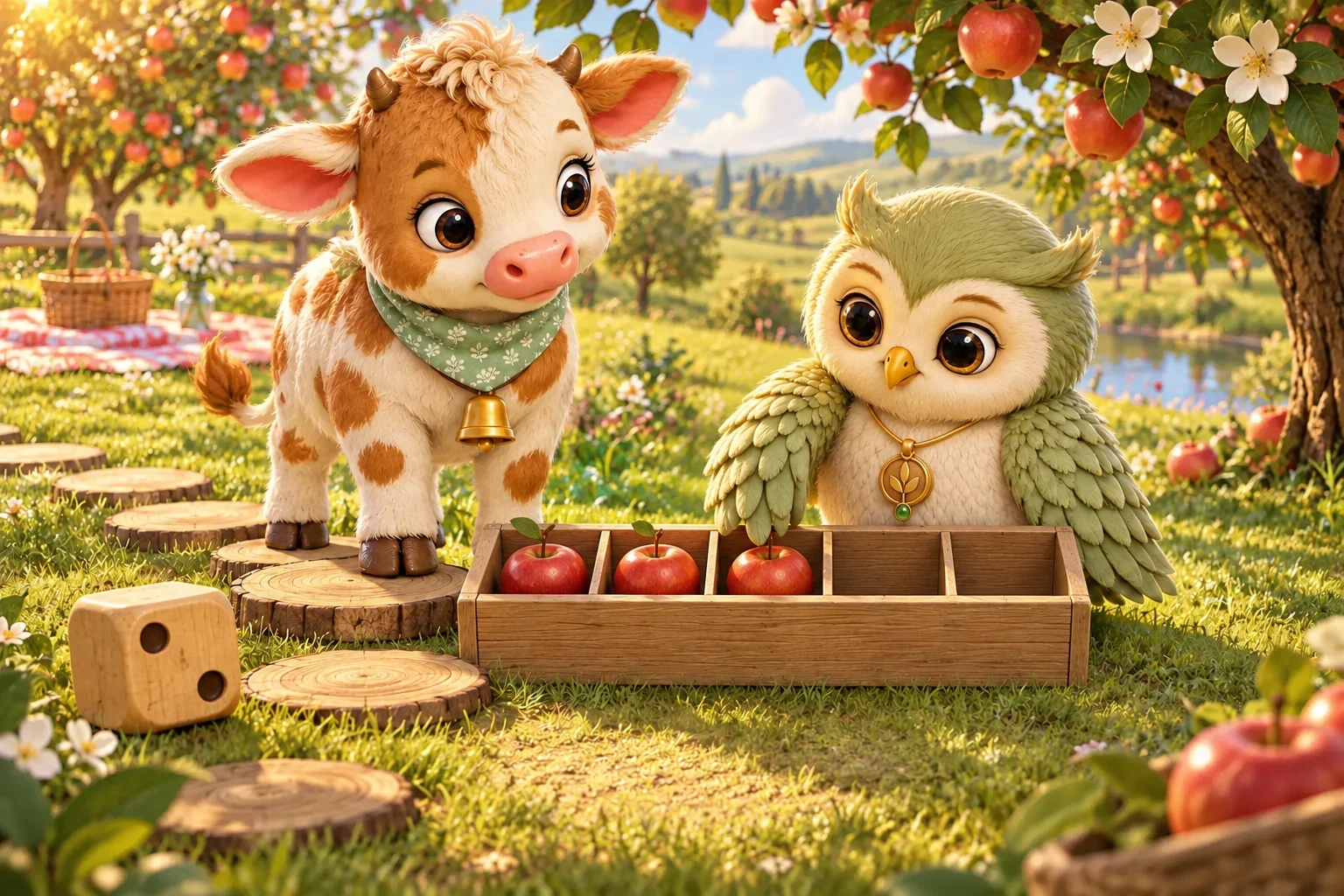 Muva and Ori collect apples for a picnic, following wooden stepping spaces through an orchard.