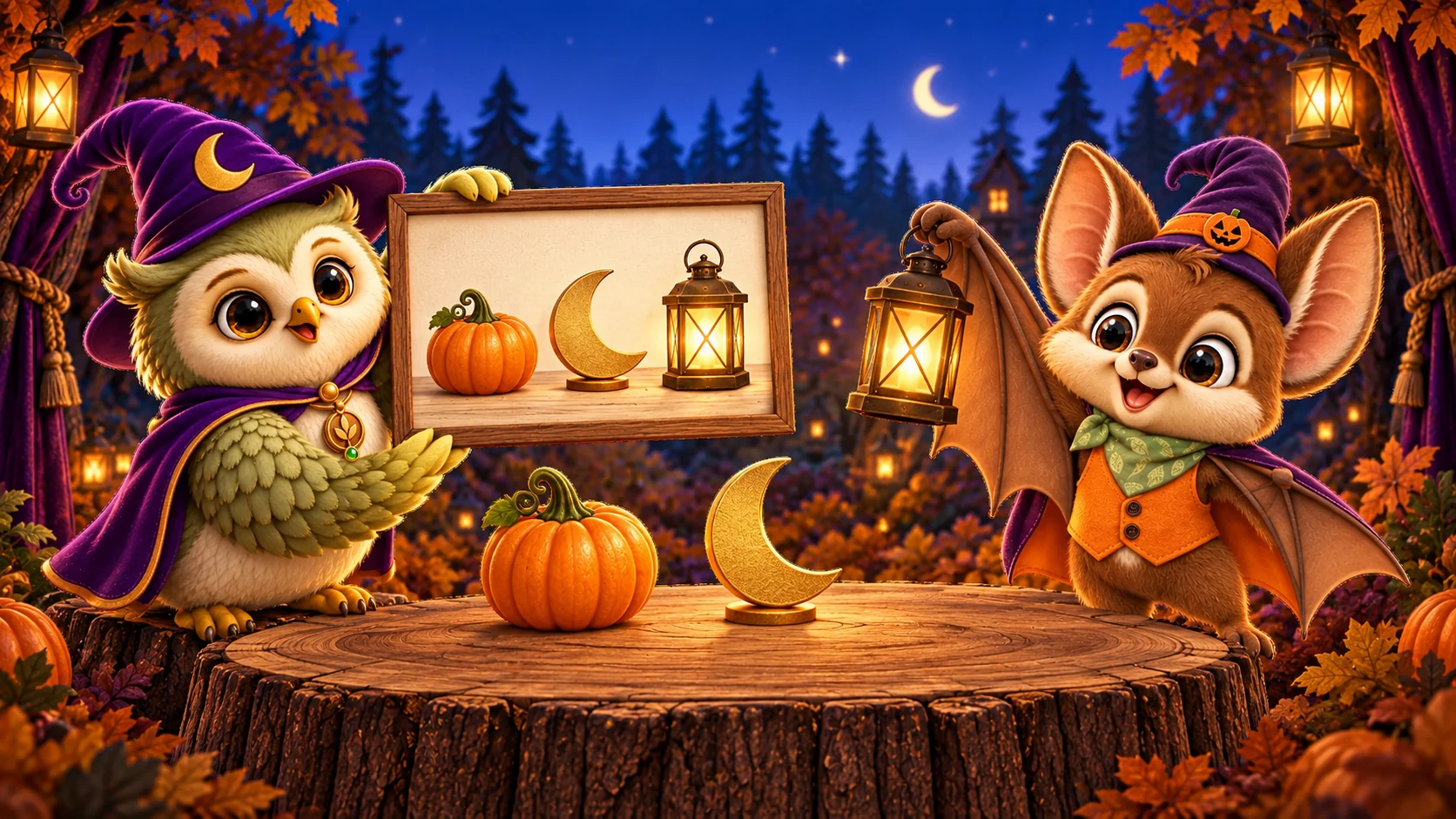 Ori the owl holds a framed photograph of a Halloween table and looks for the object that is missing from the real table.