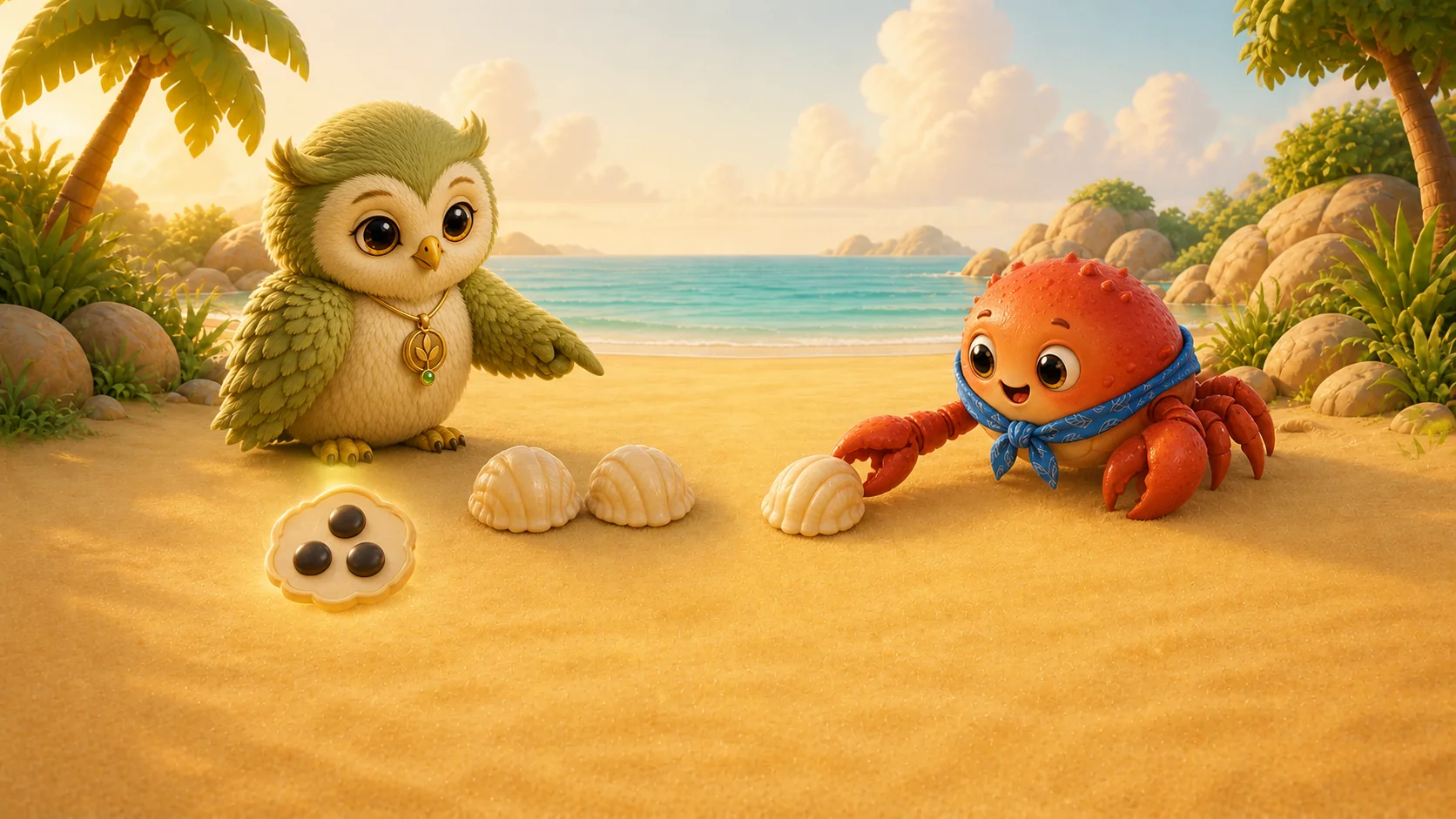 Ori and Pevo discover that two shells and one more make three.