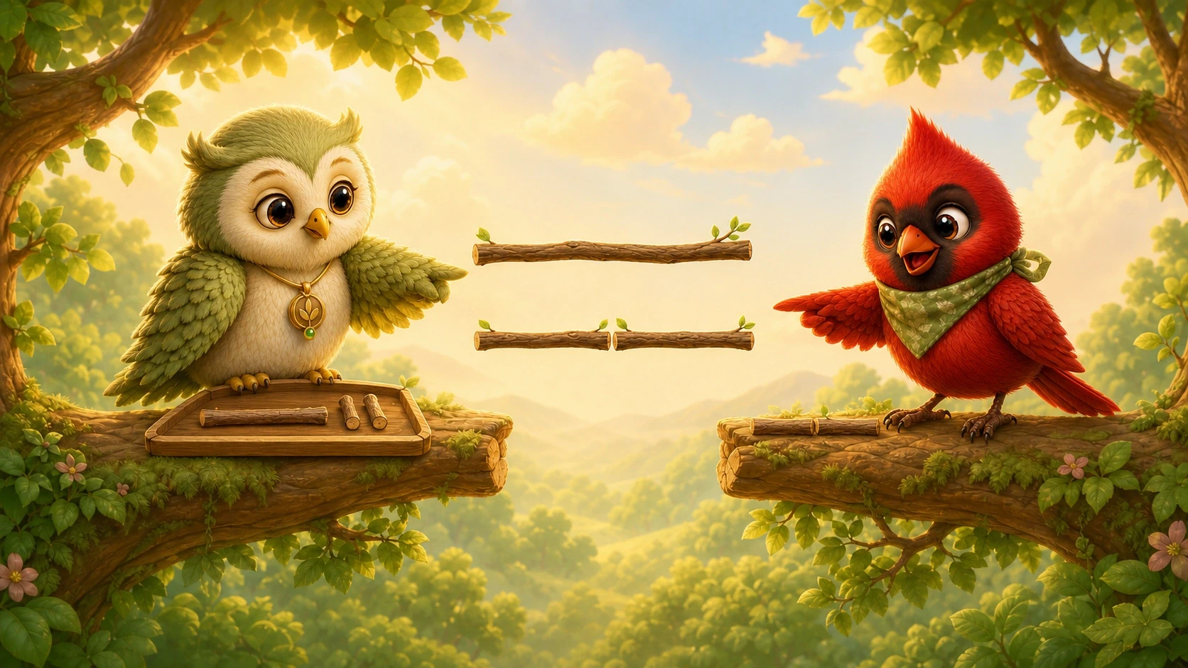 Ori shows Rubi how two short sticks can equal one long stick