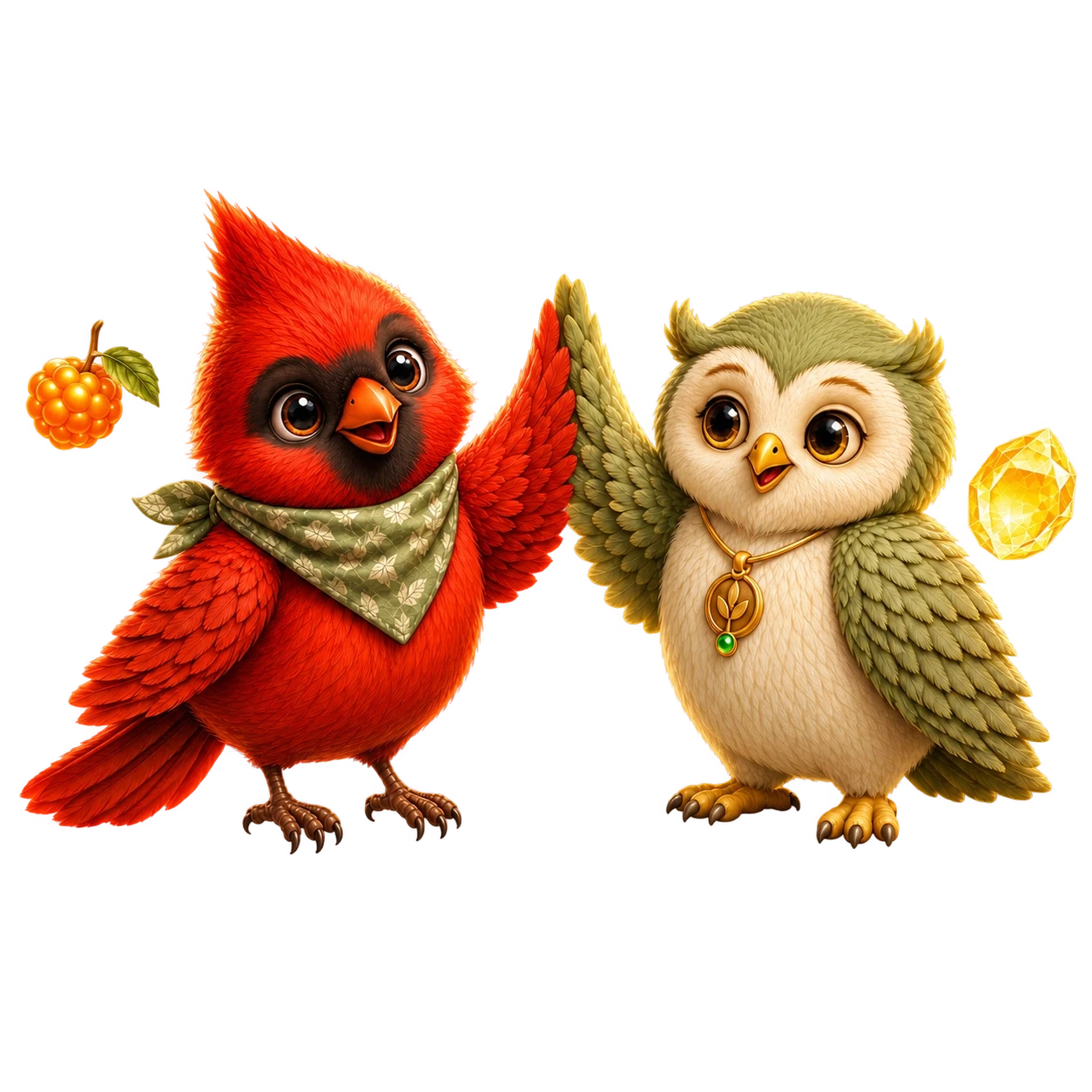 Rubi and Ori touch wings in a high-five