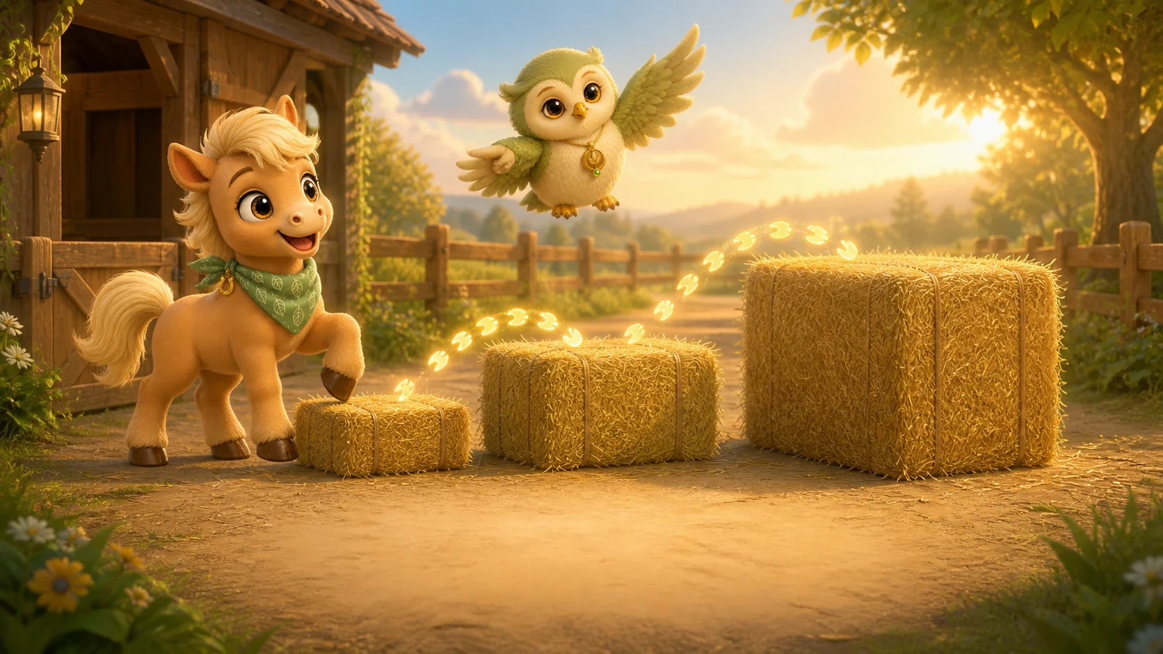 Tilo looks at hay bales that grow from small to large