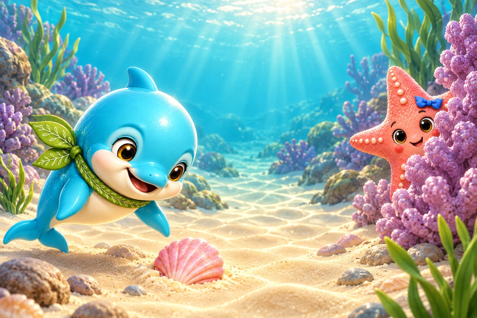 Lumi follows a shell clue while Nesa peeks from behind coral.