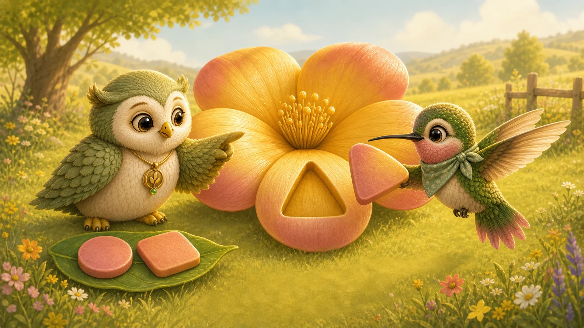 Ori points while Zumi fits a triangular petal into the matching flower opening.