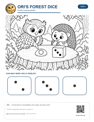 Reusable page “Ori’s Forest Dice: Find the missing pebbles” for age 4. Ori the owl and Nima the hedgehog look at a die showing three dots and one circle pebble, with three answer boxes below.